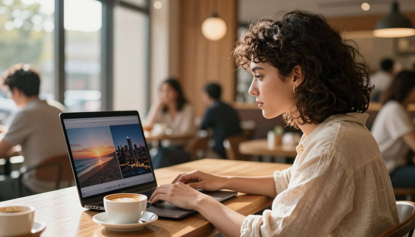 A young woman in a sunlit cafe comparing two AI-generated video thumbnails on her MacBook Pro