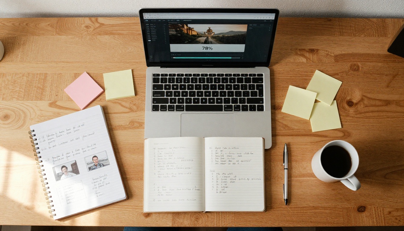 Aerial top-down view of a creative desk with prompt notes in a notebook and a video generation interface at 78% progress
