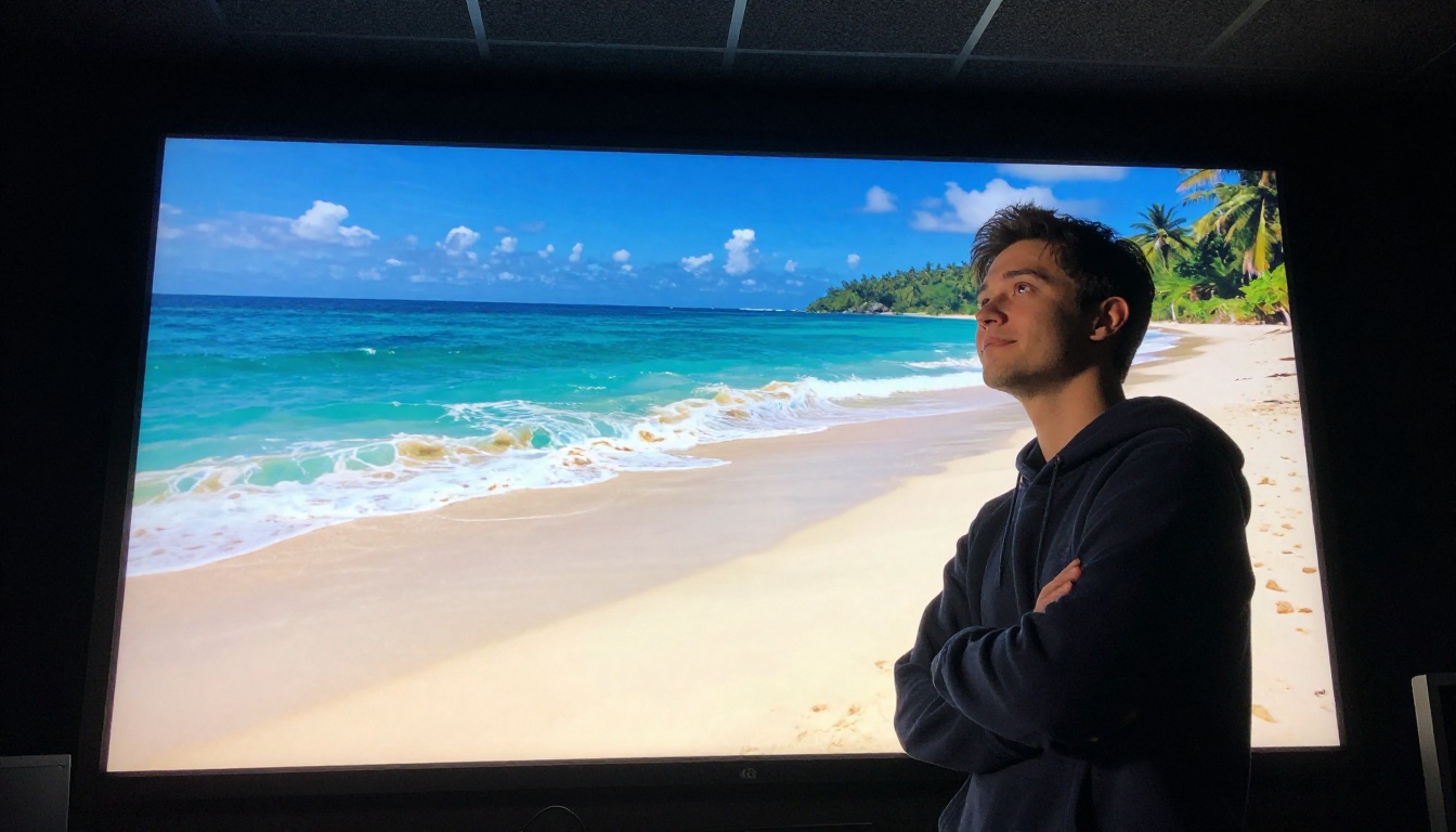 A young man in a dark edit suite examining a tropical beach scene playing on a large wall-mounted 4K monitor