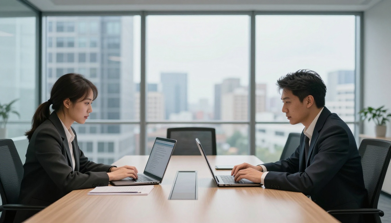 Two professionals reviewing writing samples on laptops in a modern glass-walled office