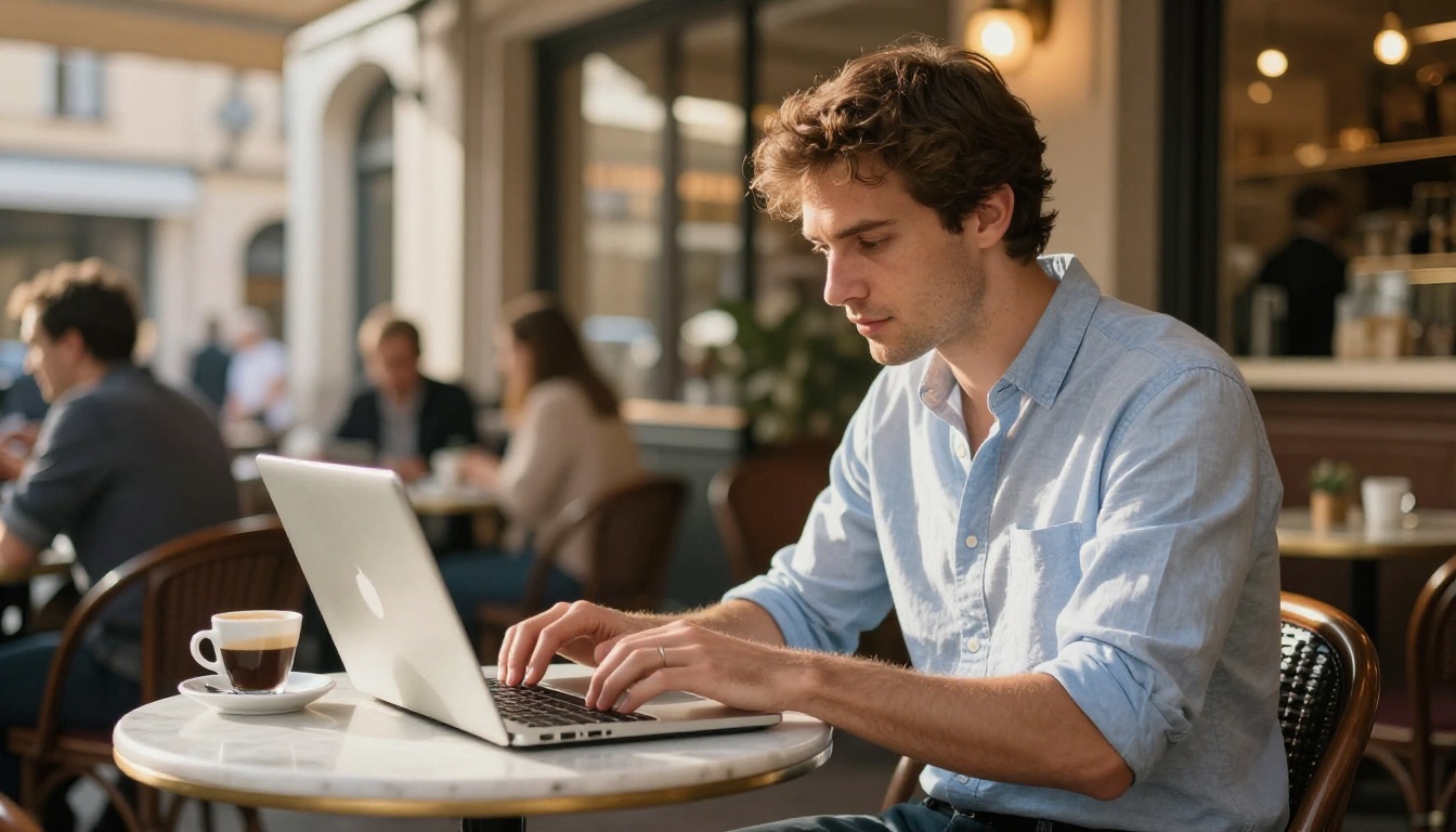 Journalist typing intently on a laptop in a sunlit European-style café with an espresso