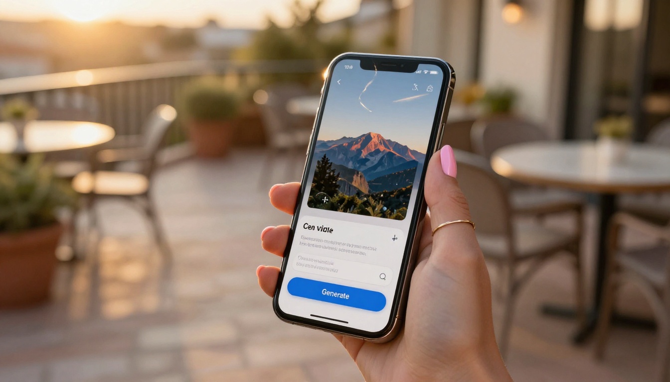 A smartphone held on a sunlit outdoor terrace showing an AI video generation app with a mountain landscape thumbnail and a Generate button