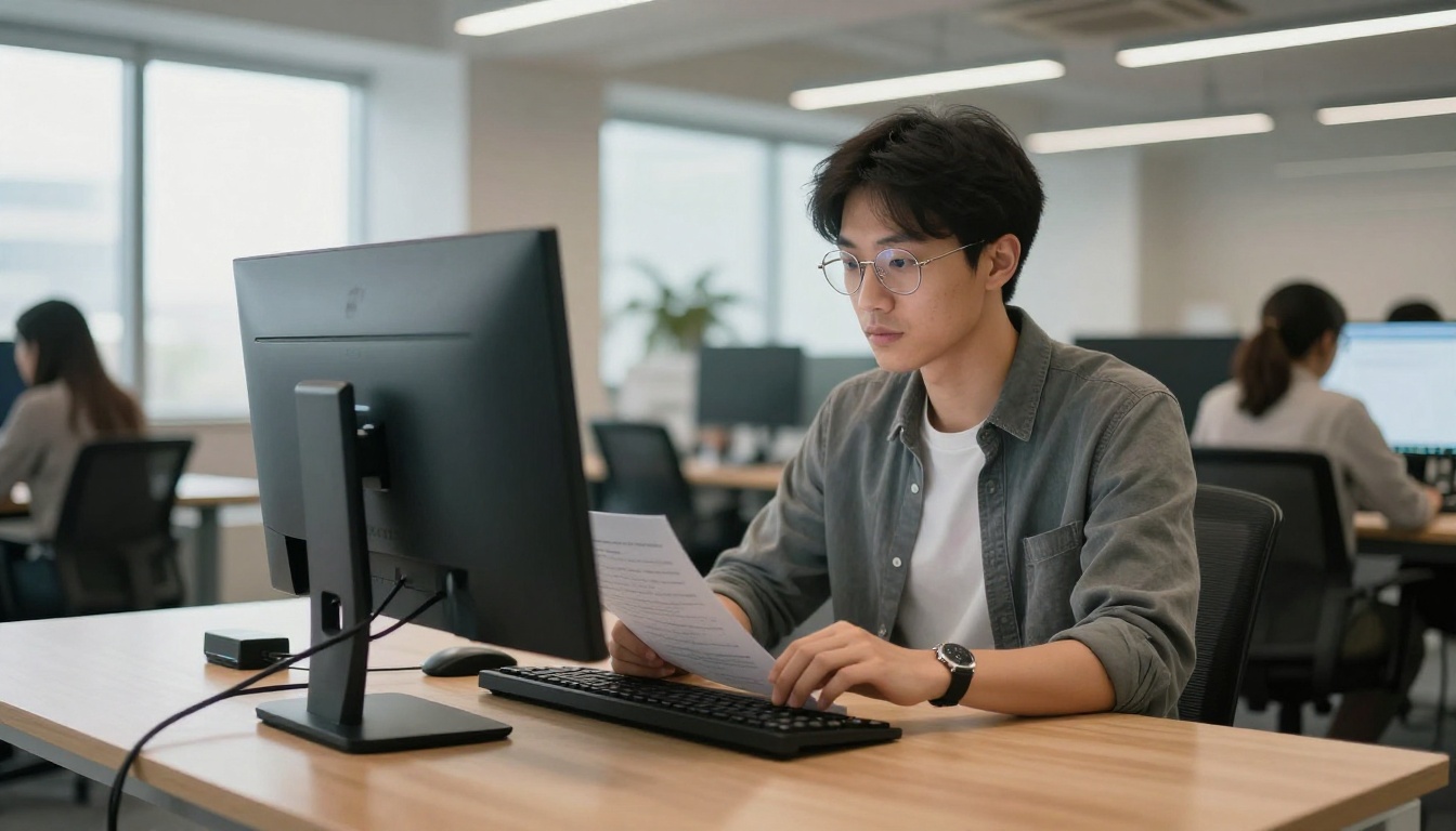 Technical writer at a standing desk reviewing an ultrawide monitor in a contemporary open-plan office