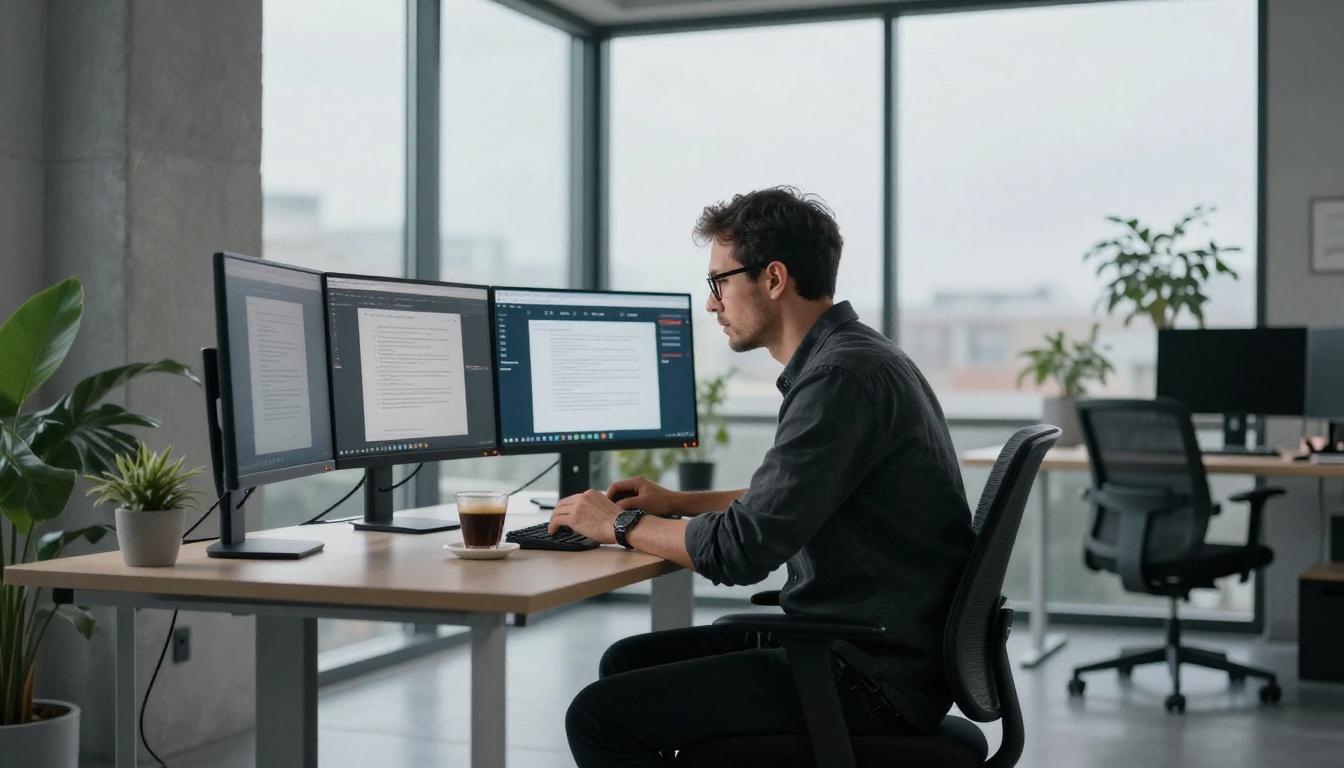 Professional writer with multiple monitors
