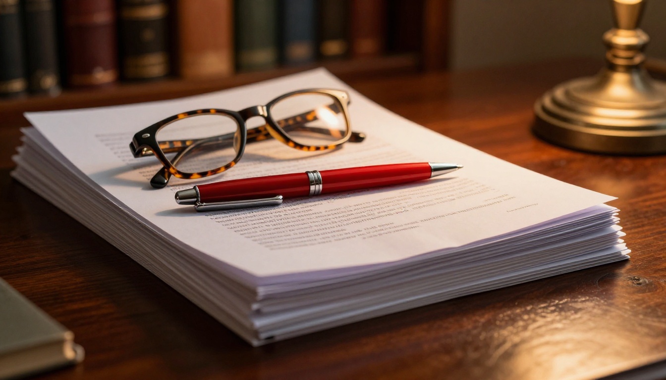 Stack of printed manuscripts and tortoiseshell reading glasses on a polished mahogany table