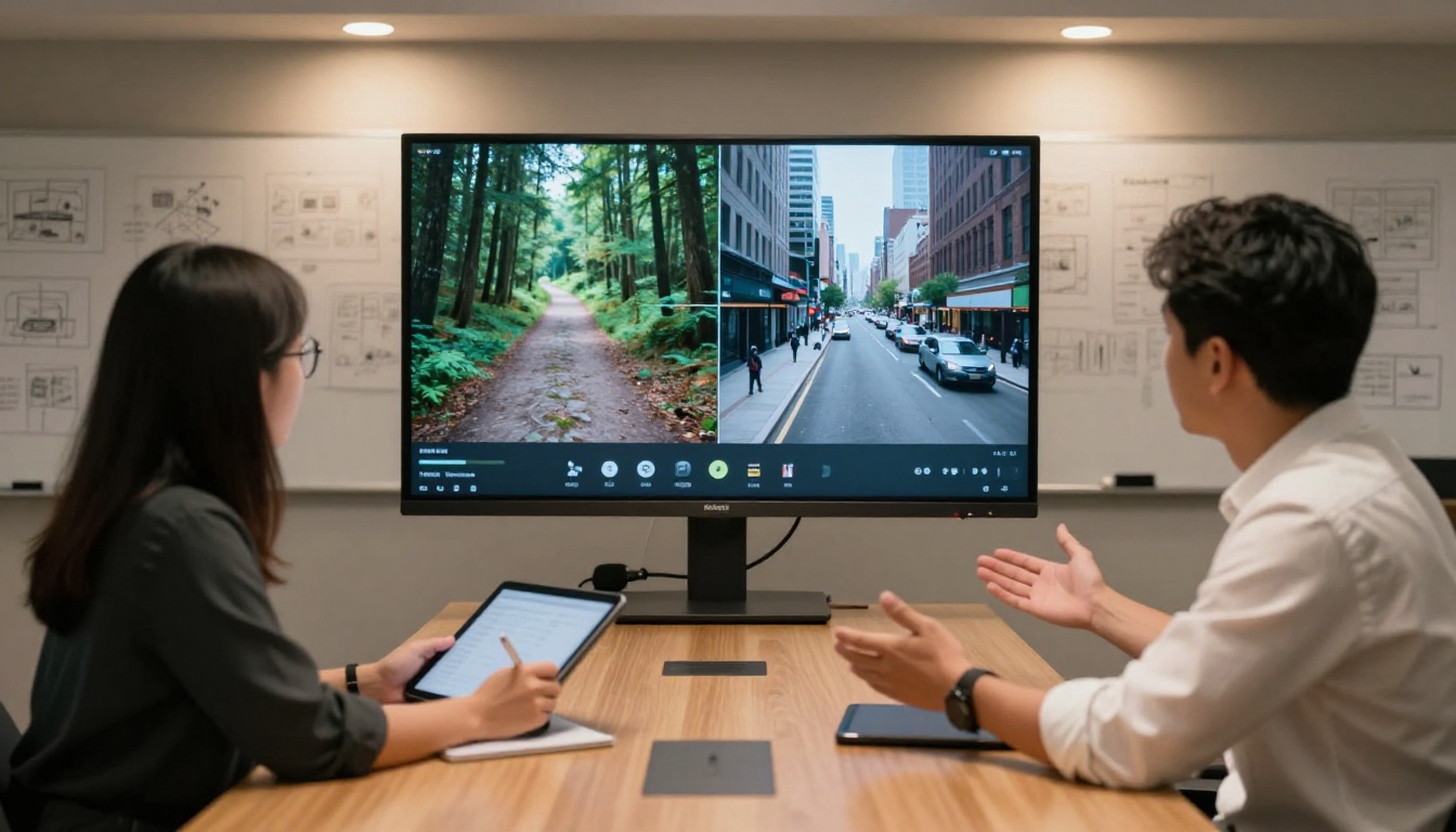 Two professionals in a modern meeting room comparing AI-generated video clips side by side on a large widescreen monitor
