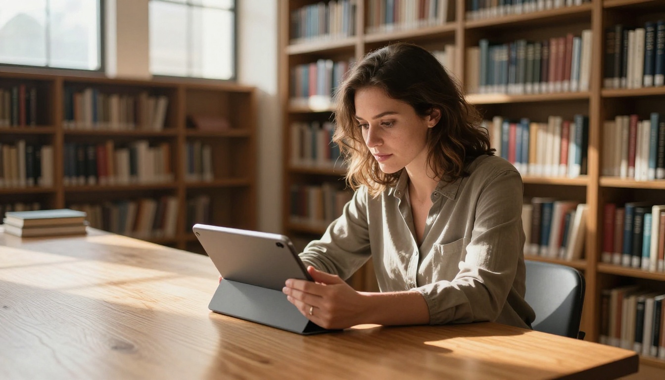 Woman reading a tablet attentively in a bright modern library with golden afternoon light