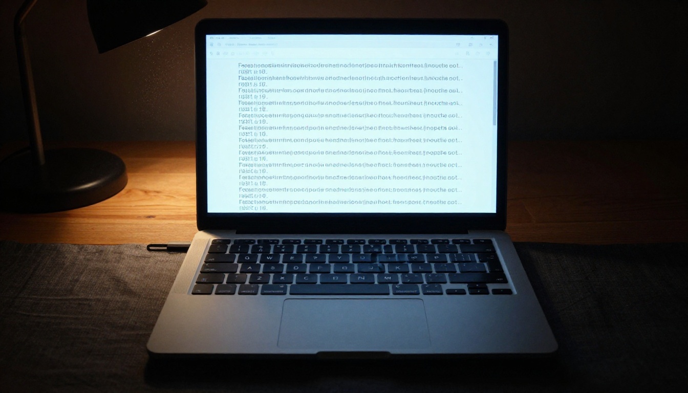 Laptop screen glowing with text in dark room