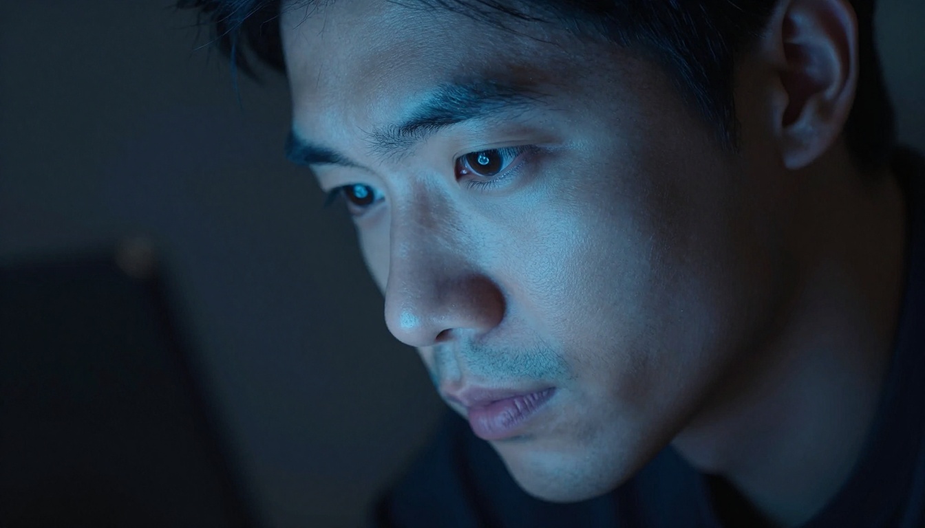 Close-up of a person's face bathed in cool blue screen light in a dark room, focused intently on video generation output