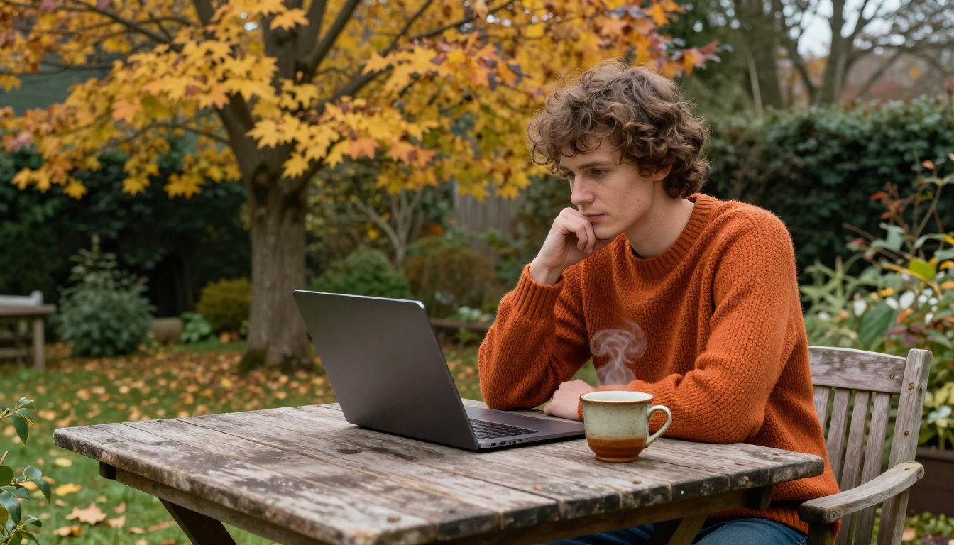 Creative writer sitting thoughtfully on a rustic wooden terrace overlooking an autumn garden