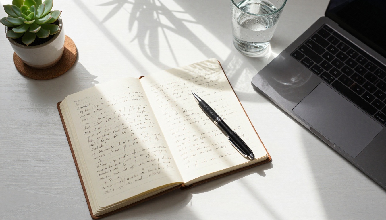 Writer's workspace flat-lay with notebook and laptop