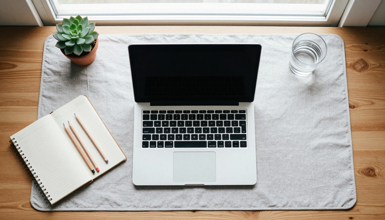 Overhead flat-lay of a minimalist writer's workspace with a laptop, notebook, and pencils
