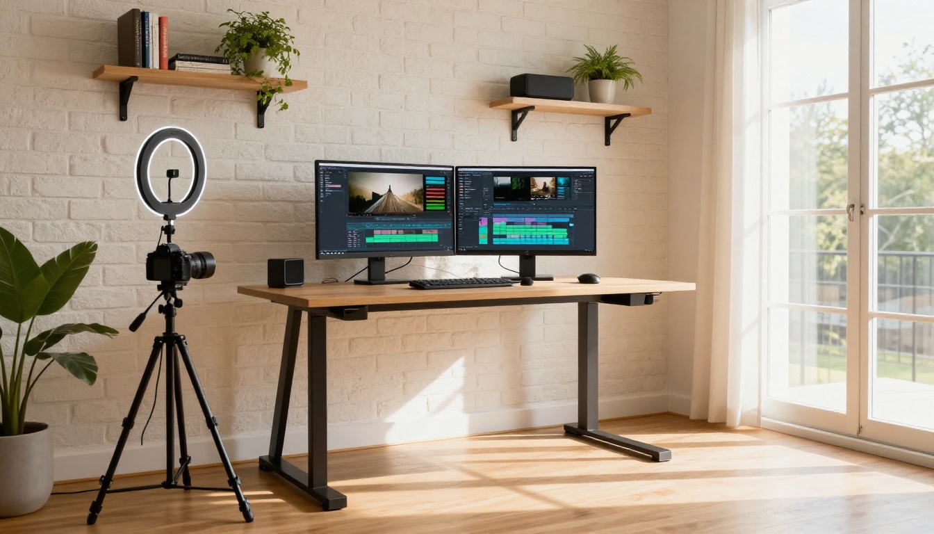 A modern home studio dual-monitor setup showing a text-to-video interface on one screen and an editing timeline on the other