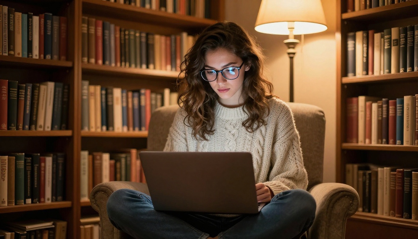 Woman reading with laptop in cozy library setting