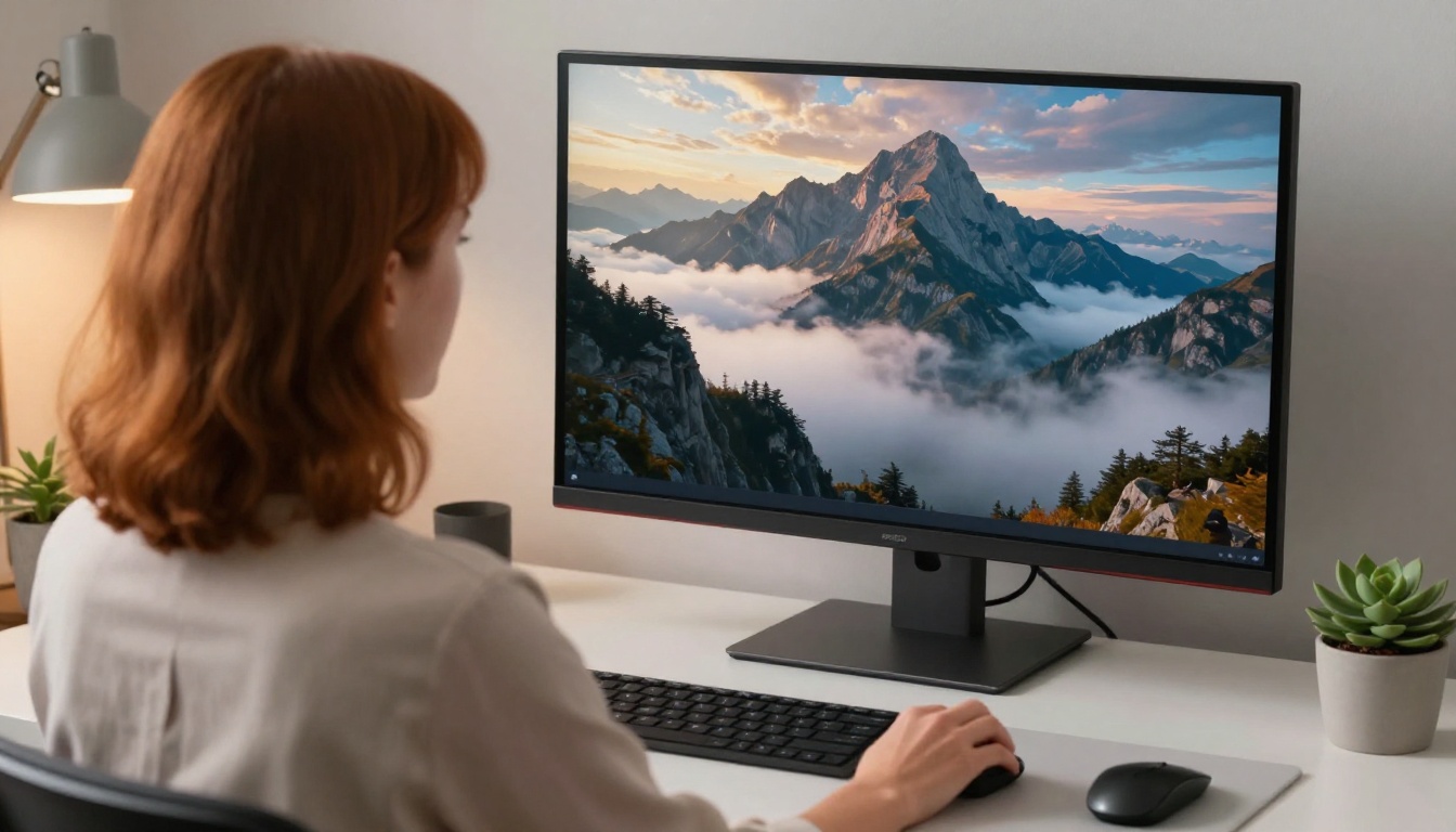 Over-the-shoulder view of a woman with auburn hair watching a completed AI-generated alpine video playing back on a large curved monitor