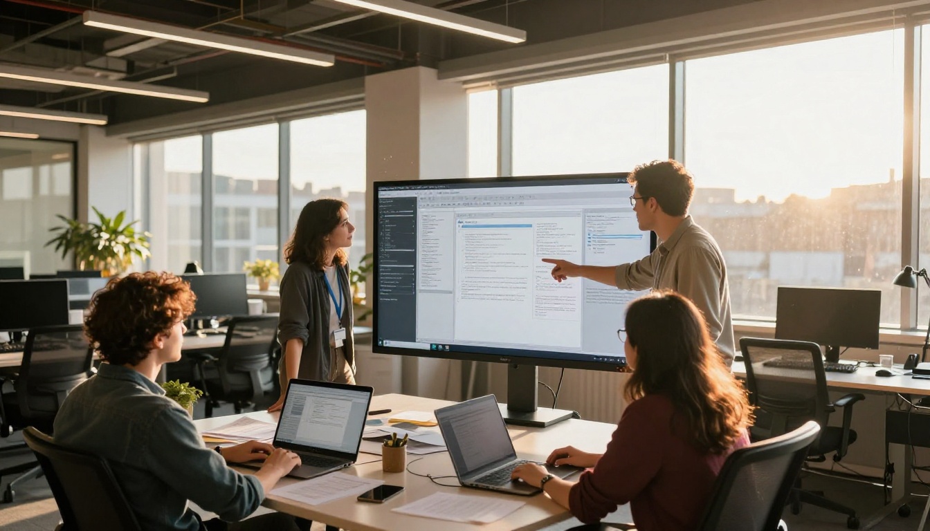 Editorial team collaborating around a large monitor