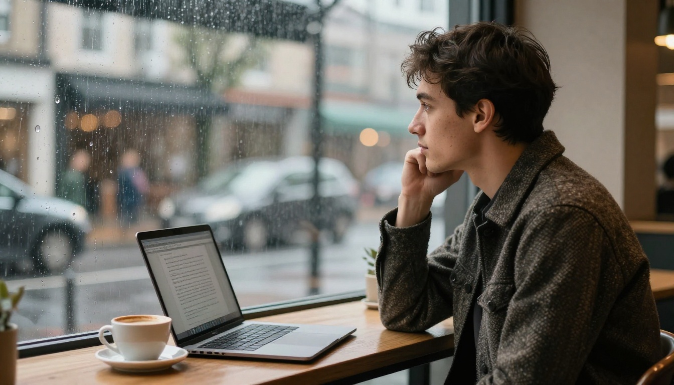 Writer thinking at a rainy cafe window with a laptop