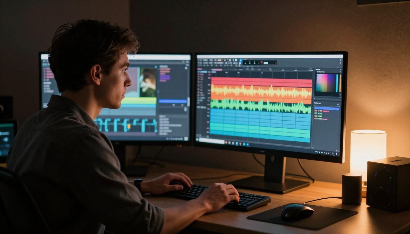 A professional video editor studying footage on dual monitors in a dark production studio