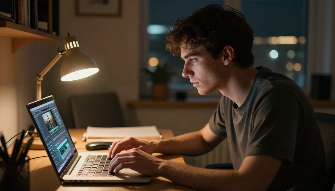 A content creator working late at night on video production with warm amber desk lamp light