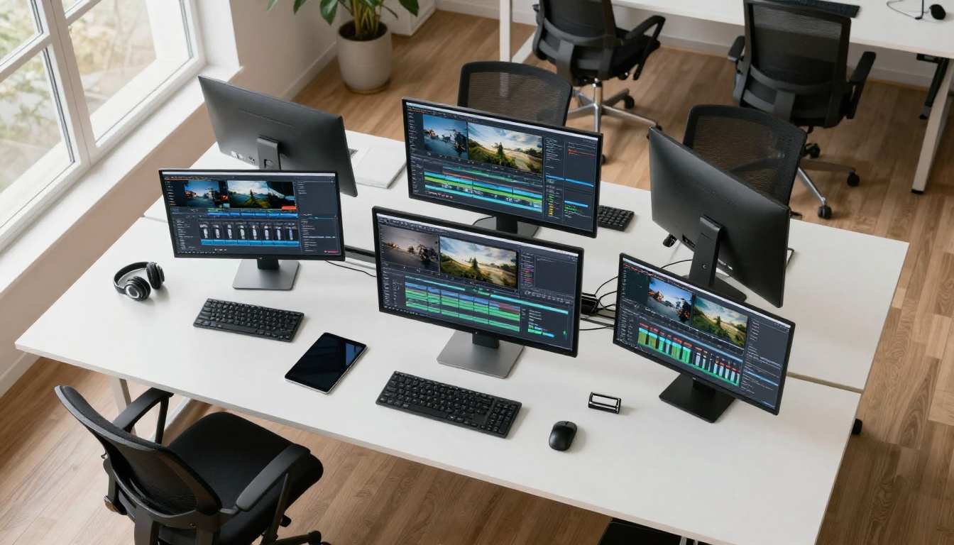 Aerial top-down view of a modern content creation workspace with multiple screens and production tools
