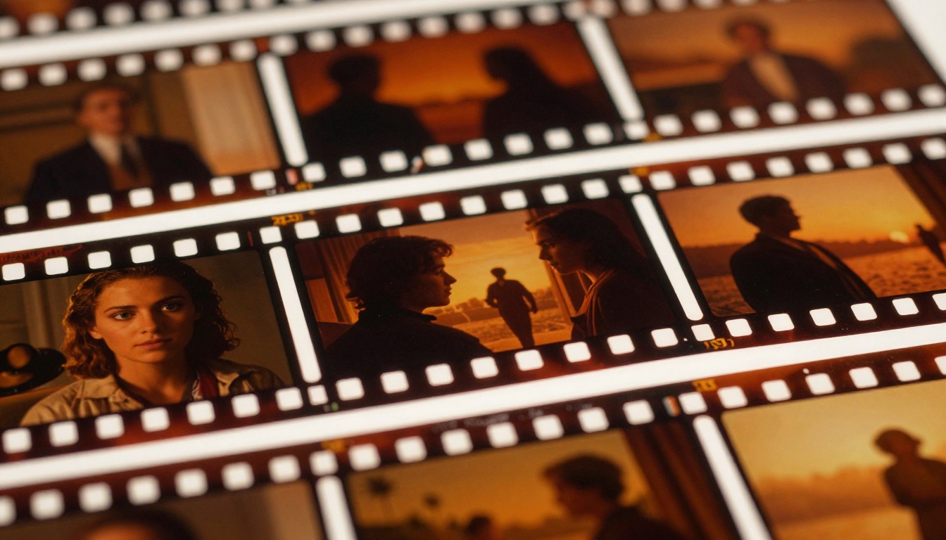 Film strip celluloid frames on a light table with warm amber backlight showing cinematic scene detail