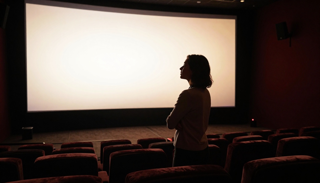 A creative director standing in a screening room watching cinematic video on a large display wall