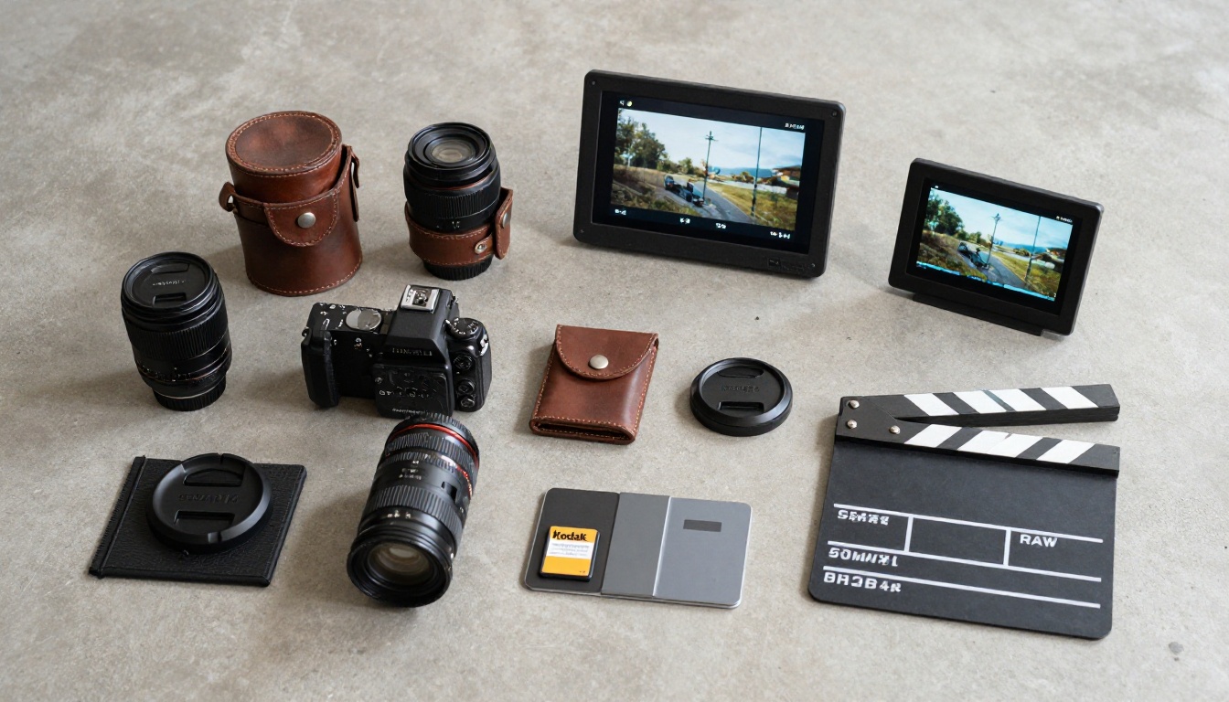 A professional videographer's field kit laid flat on a matte concrete surface with cinema camera and lenses