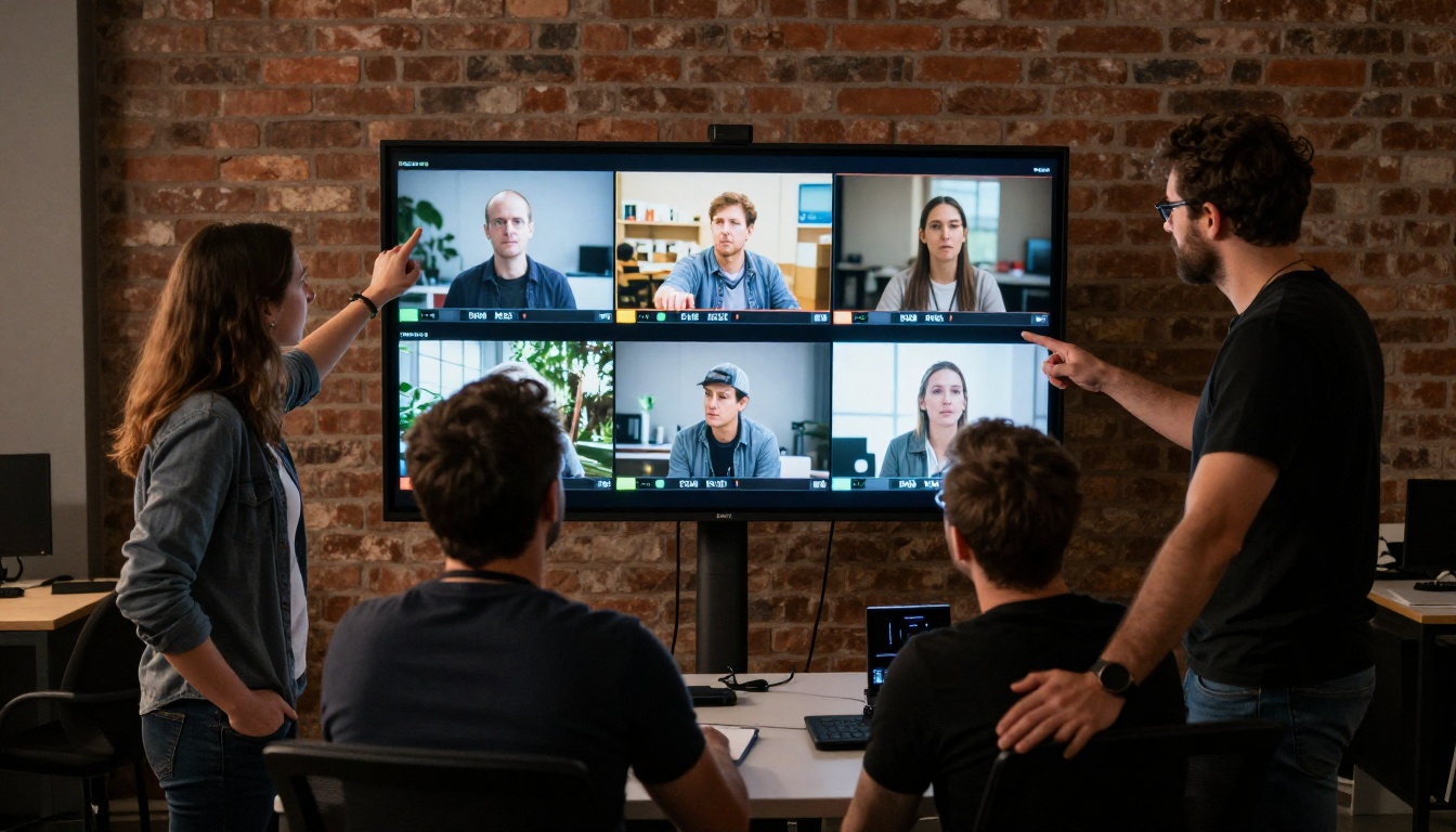 A professional video production team reviewing footage together on a large broadcast monitor in a studio