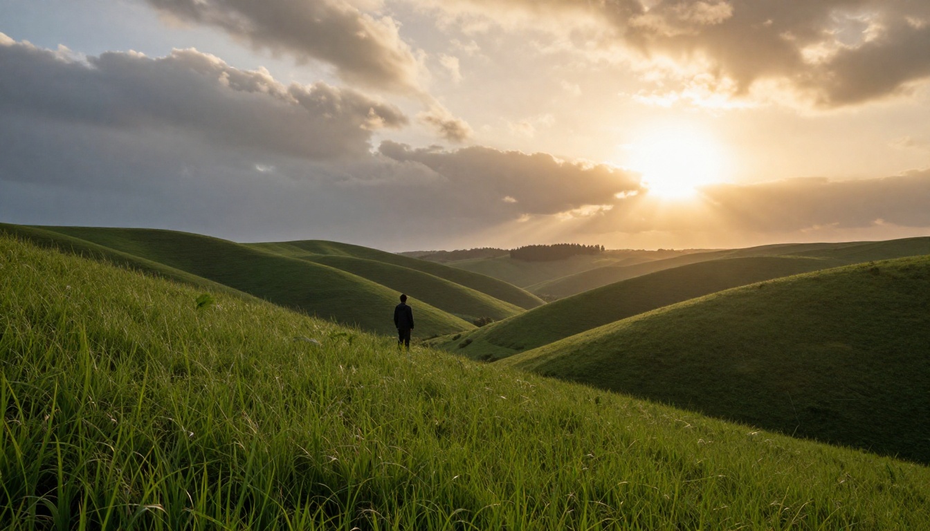Sweeping cinematic golden hour landscape with rolling hills and a lone figure looking into a dramatic valley