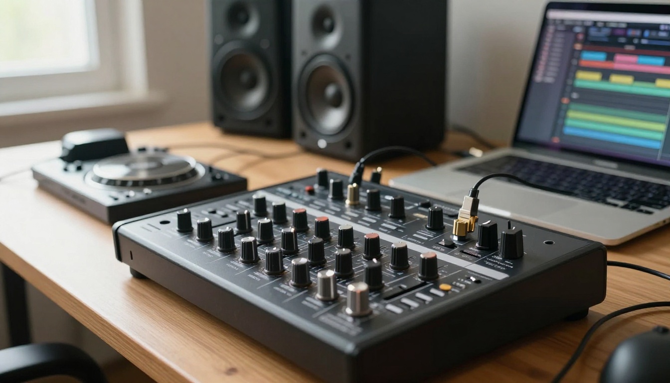 Professional DJ controller and audio mixer setup in a home studio with warm natural light