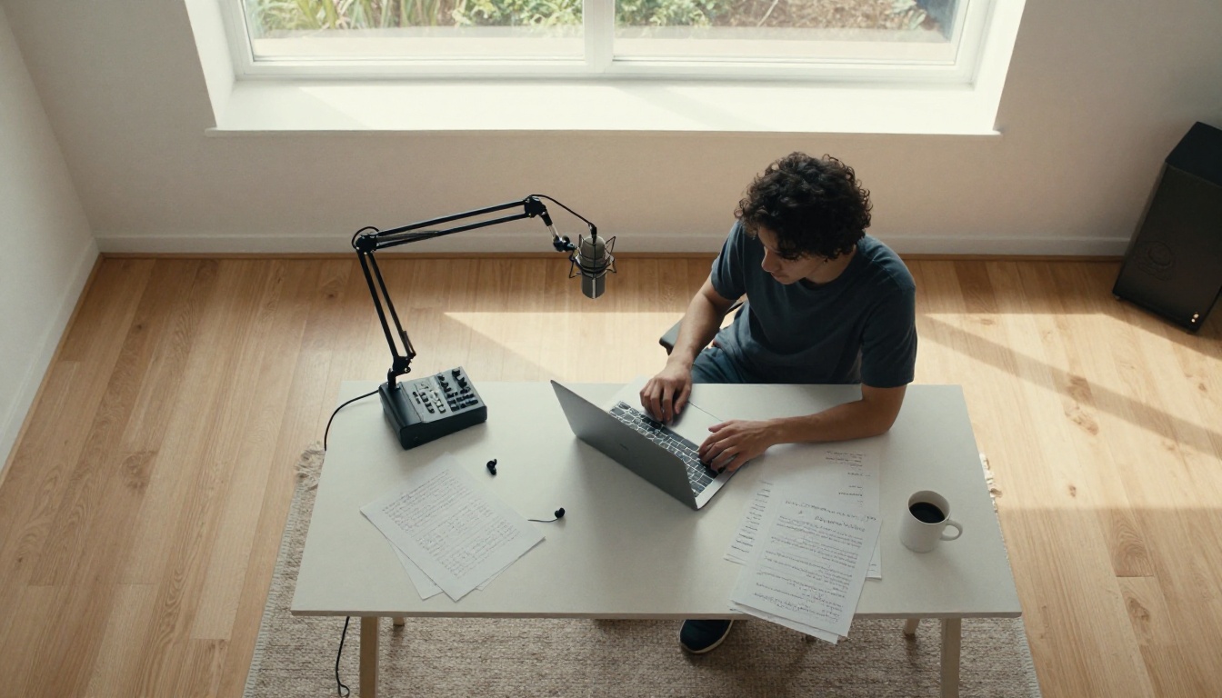 Overhead aerial view of a content creator's studio workspace with laptop, audio interface, and microphone
