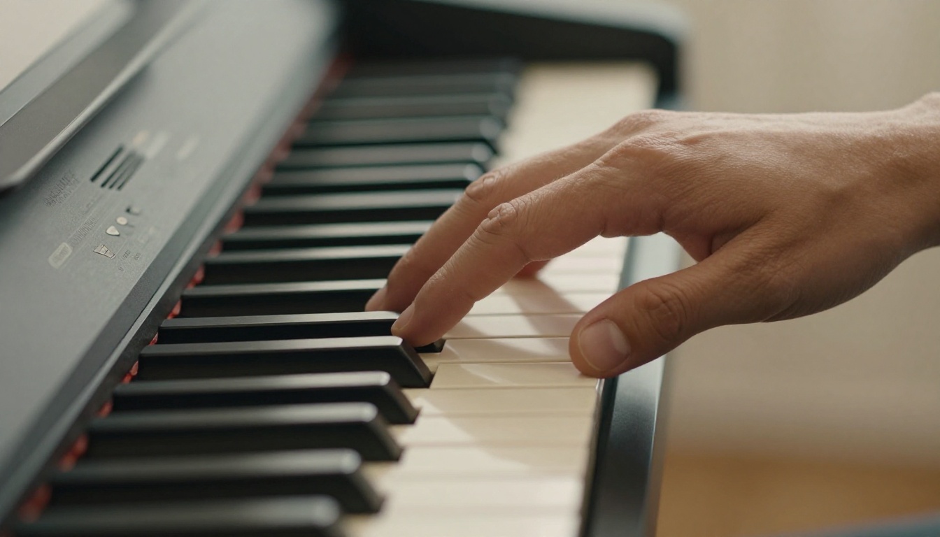 Close-up of piano keys being pressed with natural studio side-lighting and shallow depth of field
