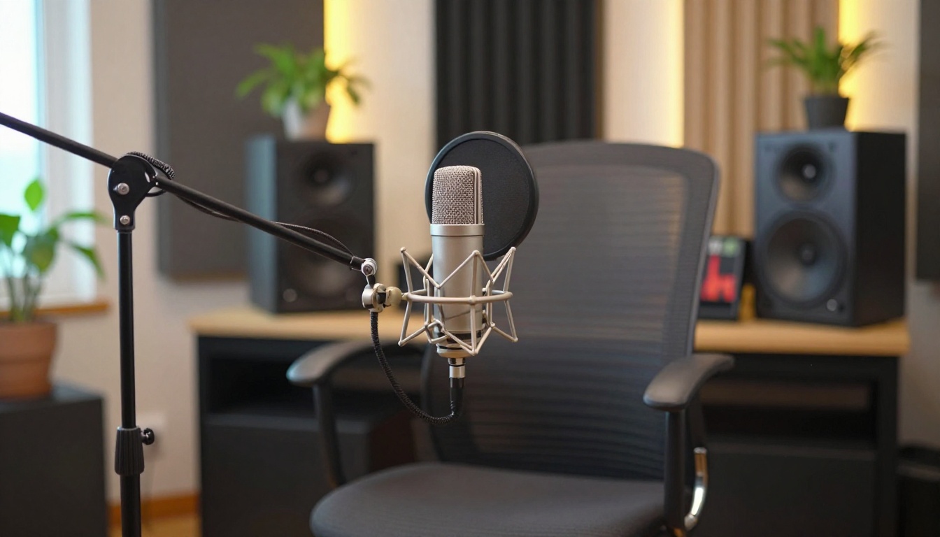 Professional podcast recording microphone on boom arm in home studio with warm background lighting