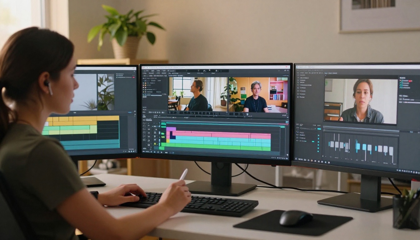 Female video editor working at a triple monitor desk setup with audio waveform timeline visible on center screen