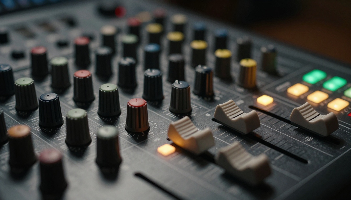 Extreme close-up of professional audio mixing console faders and rotary knobs with studio overhead lighting