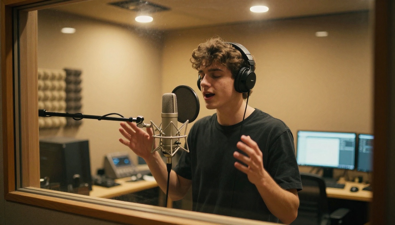 Young male singer recording in professional vocal booth seen through control room glass with warm tungsten lighting