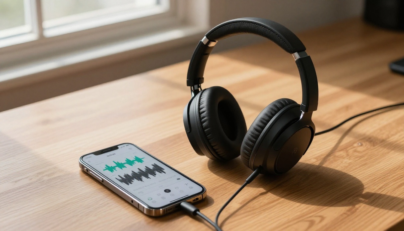 Studio headphones and smartphone with audio waveform app resting on warm oak wooden desk in natural window light