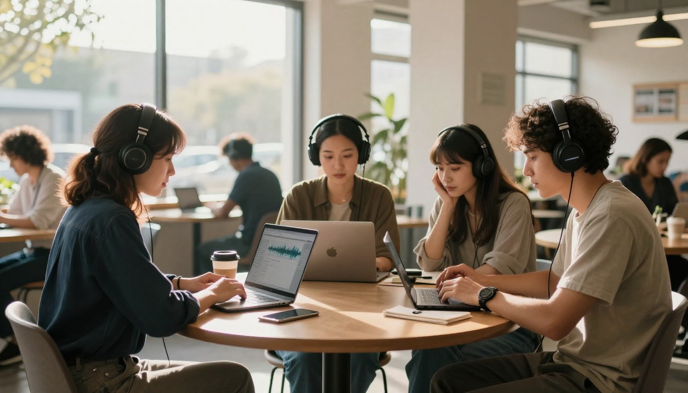 Group of three content creators collaborating with headphones at individual laptops in bright co-working space