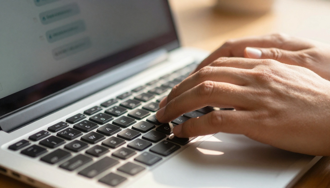 Hands typing on a laptop with an AI chat interface visible on screen