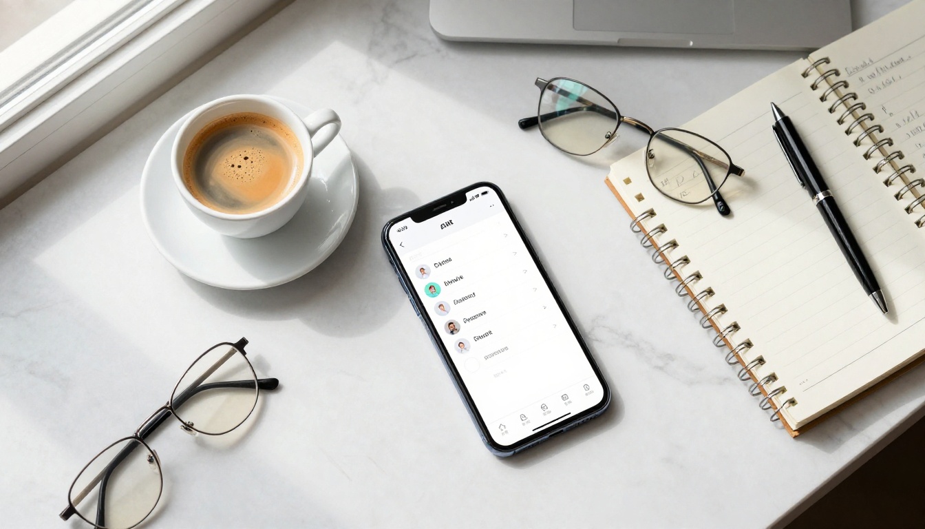 Aerial flat-lay of a modern productivity workspace with smartphone showing AI chat interface