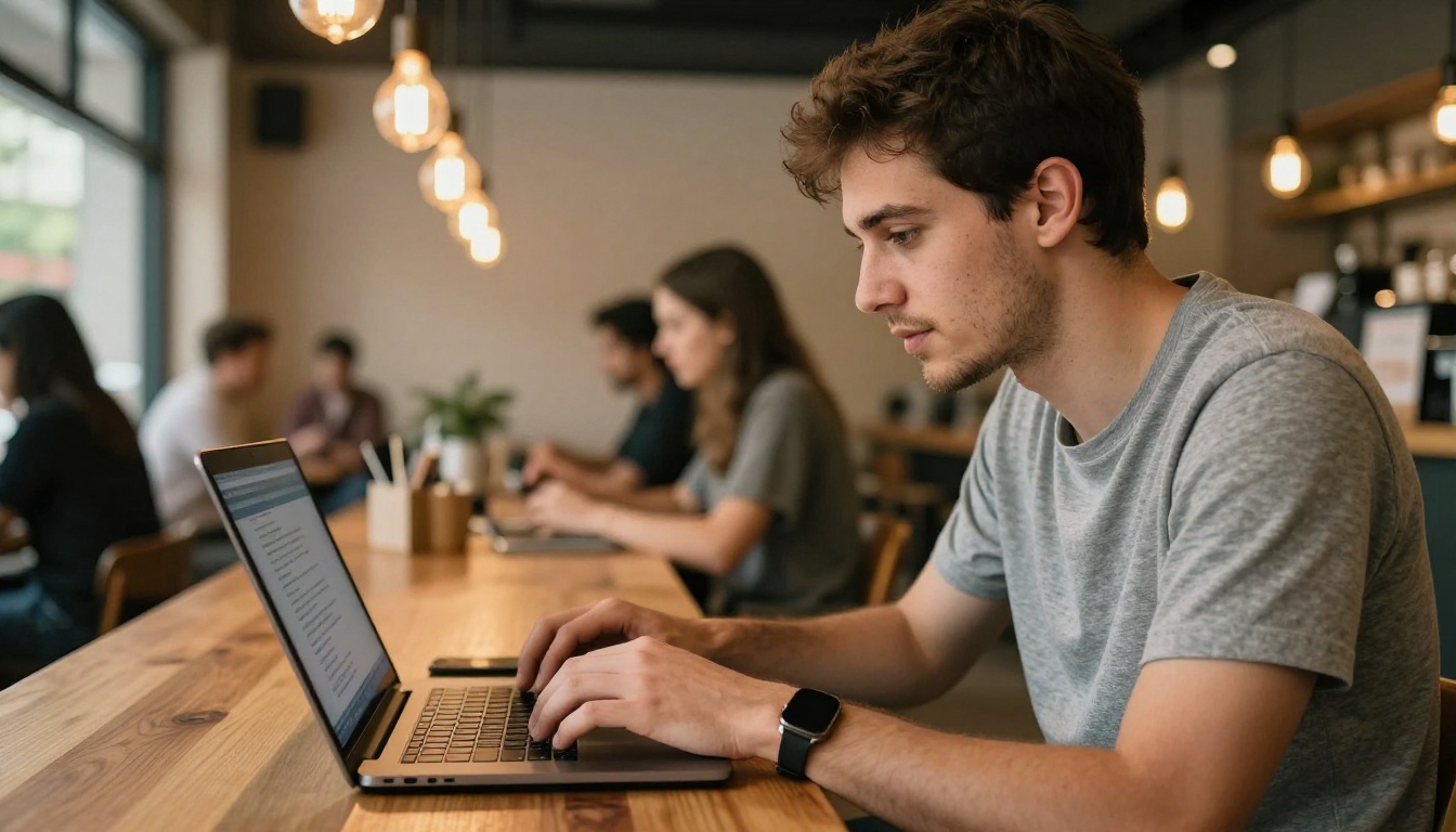 Young man in a coffee shop using a laptop with an AI chat interface