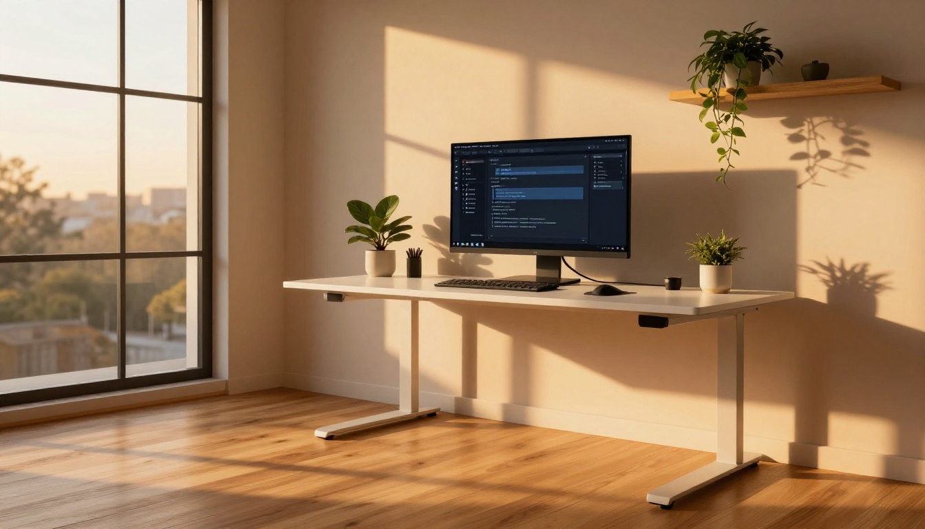 Modern home office at golden hour with a large monitor showing an AI chat interface
