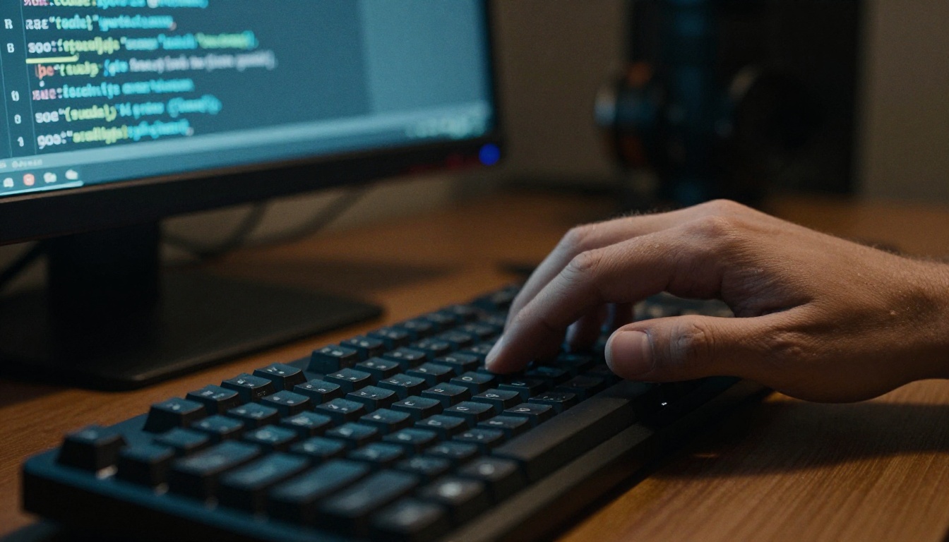 Developer hands typing on mechanical keyboard with code on monitor Developer hands typing on mechanical keyboard with code on monitor