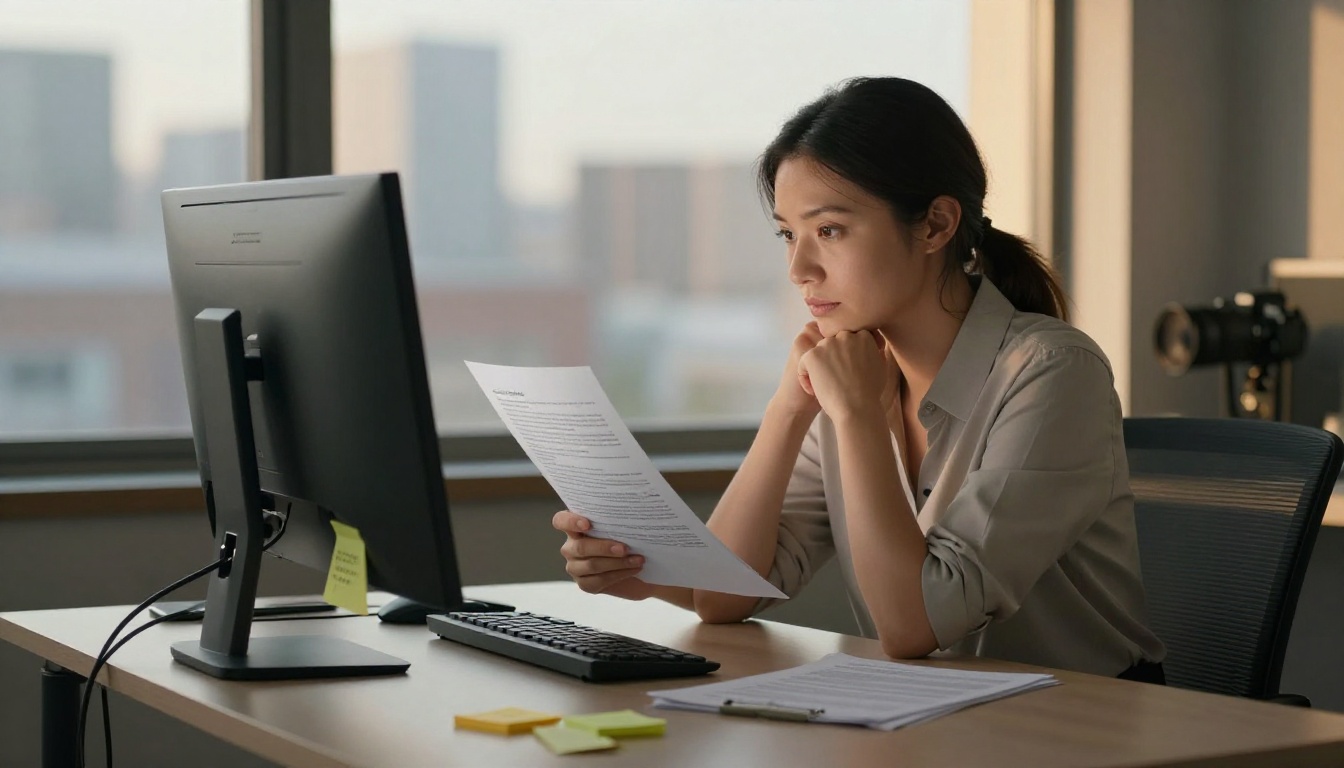Businesswoman at standing desk reading long document with golden afternoon light Businesswoman at standing desk reading long document with golden afternoon light