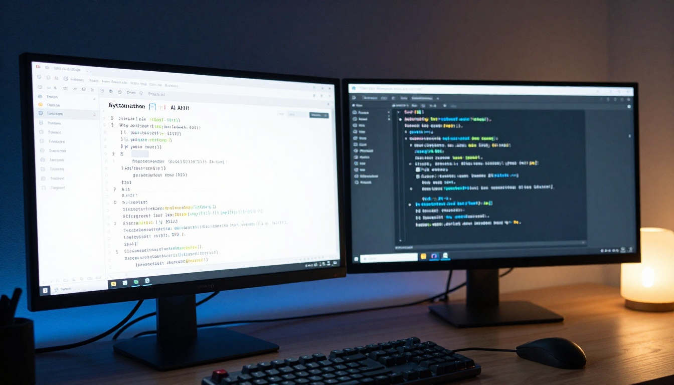 Developer dual-monitor workstation with code and AI chat interface at night