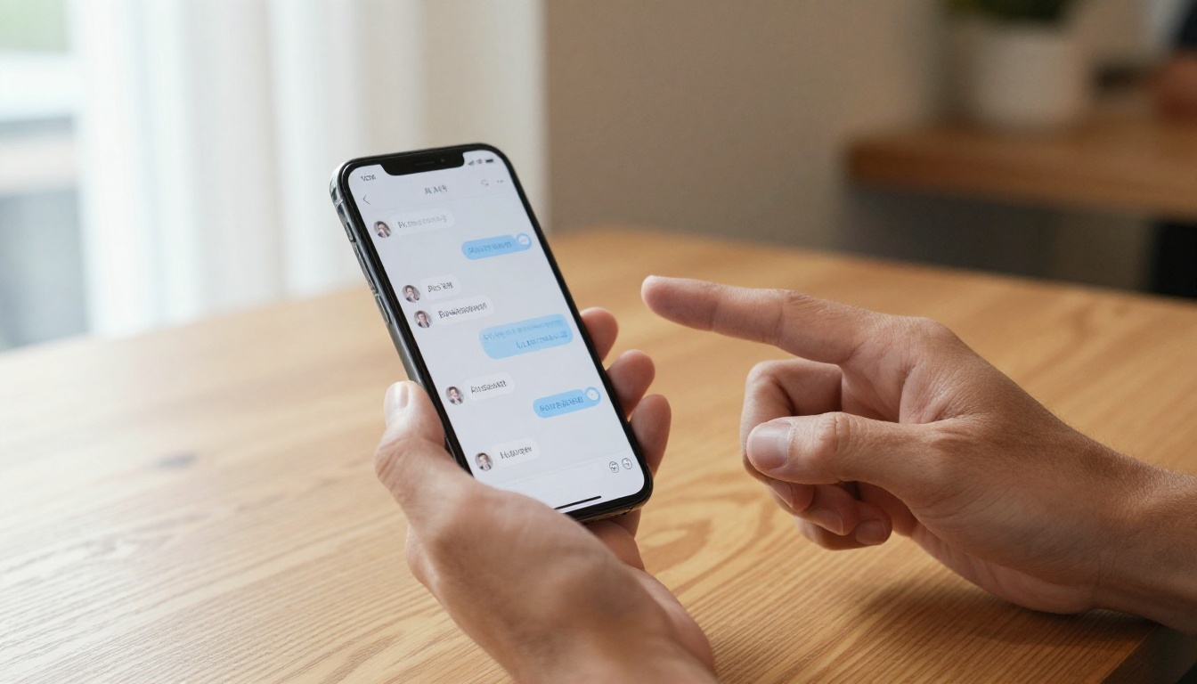 Two people at cafe table one holding phone showing AI chat conversation Two people at cafe table one holding phone showing AI chat conversation