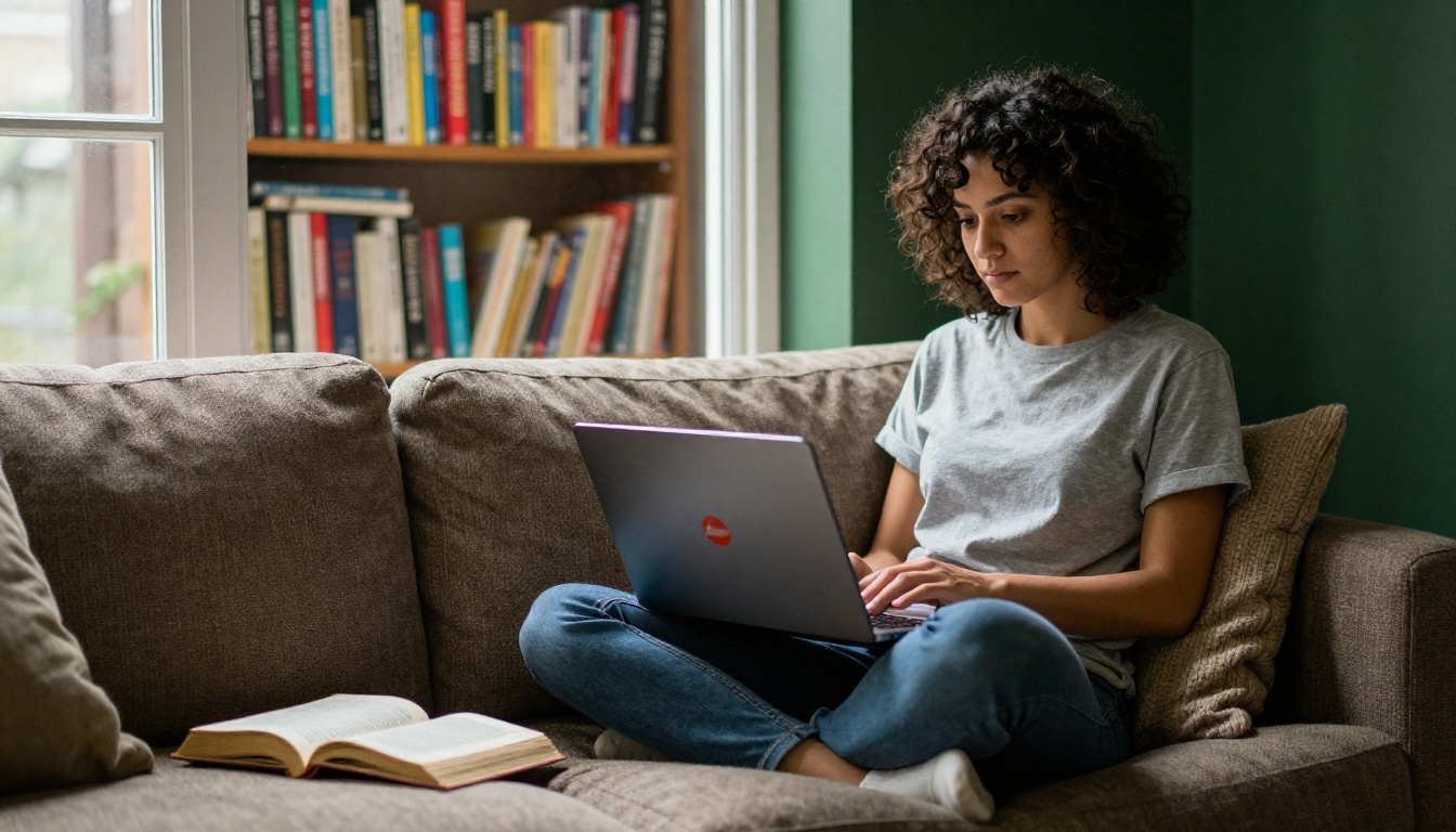 Young woman with curly hair typing on laptop on green-walled couch beside window Young woman with curly hair typing on laptop on green-walled couch beside window