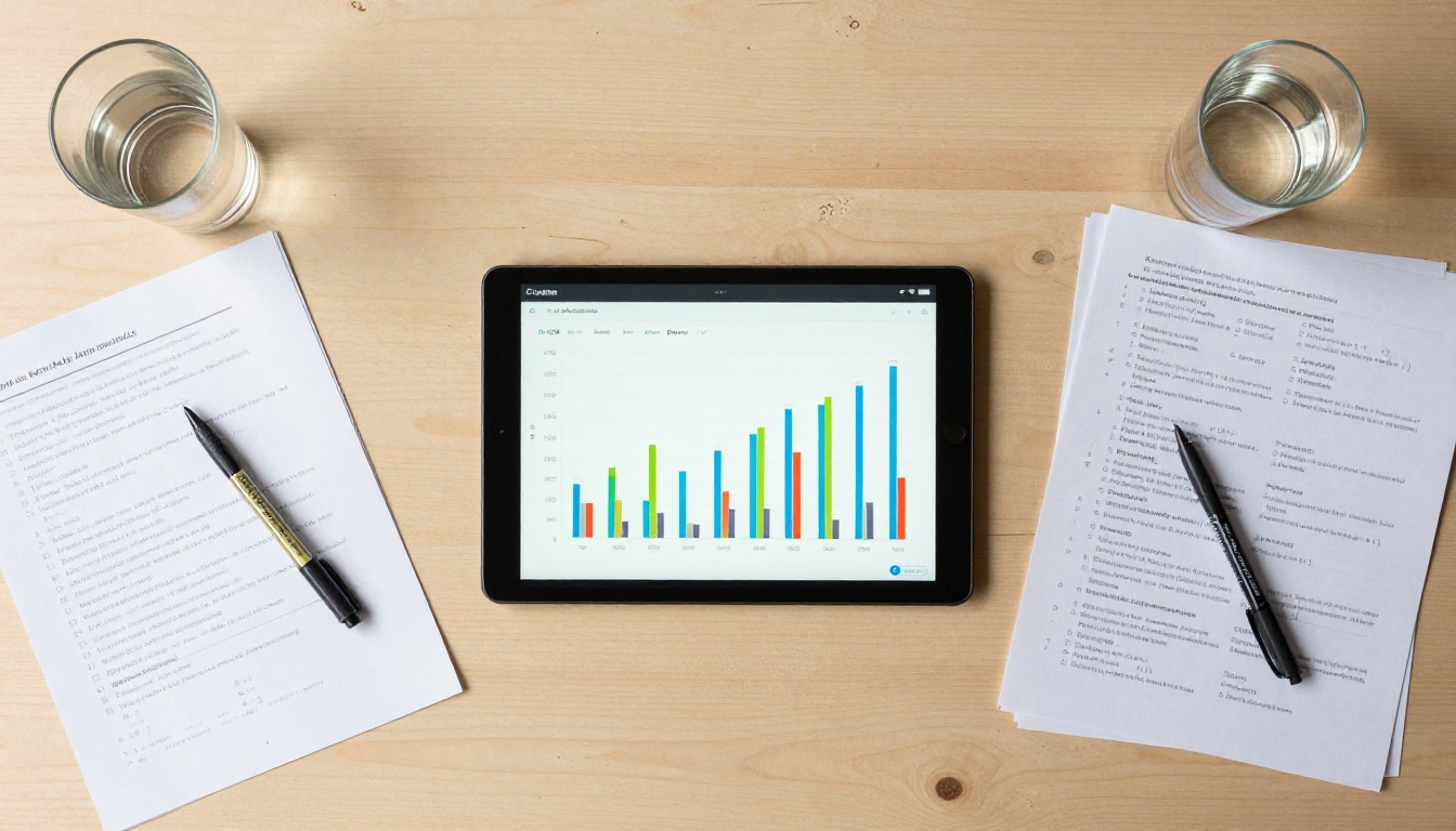 Overhead flat-lay desk with tablet benchmark charts annotated spreadsheets and marker Overhead flat-lay desk with tablet benchmark charts annotated spreadsheets and marker