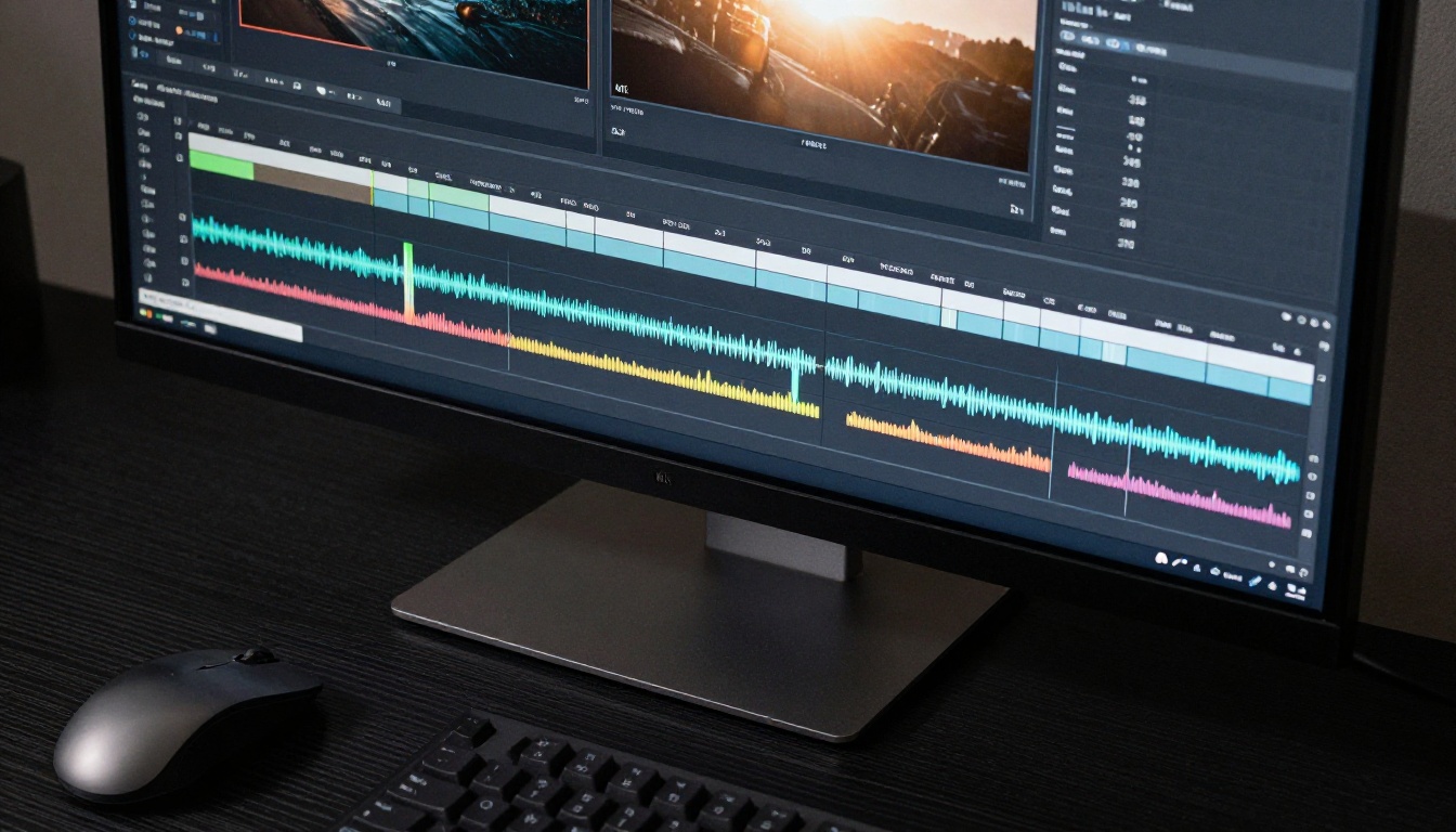 Professional video timeline interface on a large 4K monitor showing color-graded footage layers, audio waveforms, and motion graphics tracks