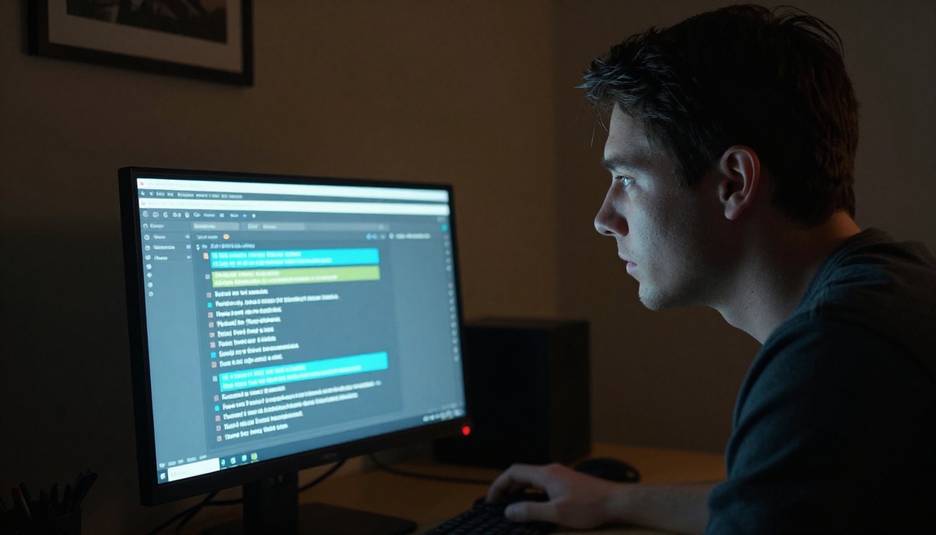 Man leaning toward monitor in dark room with blue-white screen glow on face